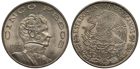 Mexico Mexican coin 5 five pesos 1973, bust of Vicente Guerrero right, eagle on cactus catching snake,