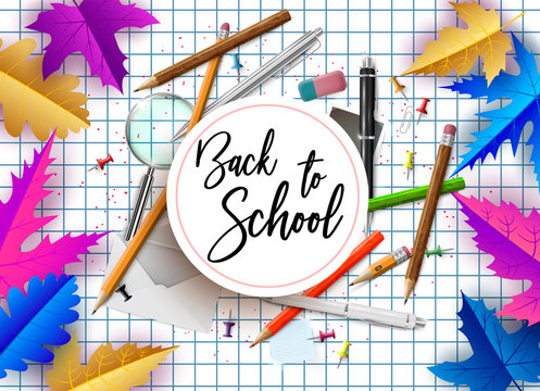 ack to school vector banner design with colorful funny school education items and space for text in a background. Vector illustration.