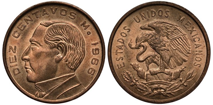 Mexico Mexican coin 10 ten centavos 1966, bust of Benito Juarez left, eagle on cactus catching snake, 