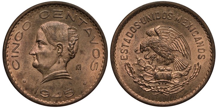 Mexico Mexican coin 5 five centavos 1945, bust of Josefa Dominguez left, eagle on cactus catching snake, 