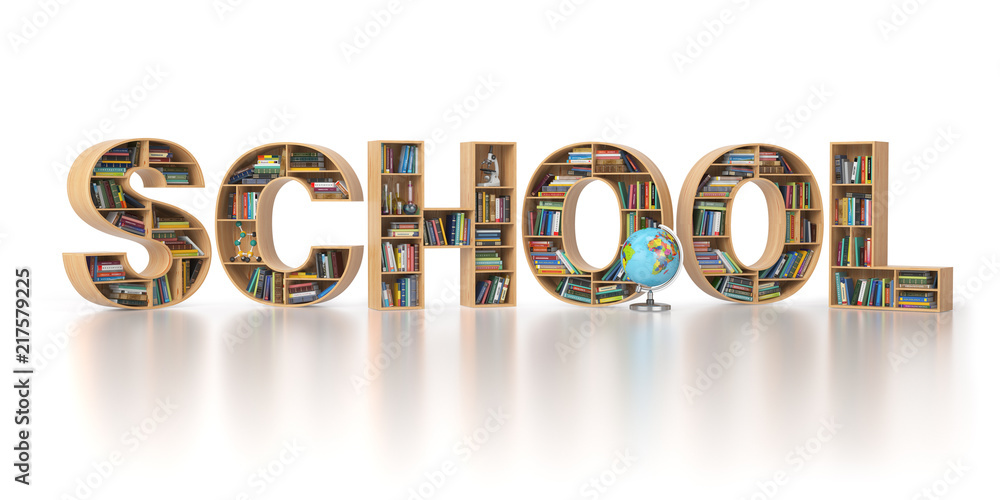 Poster School from bookshelf with book in form of letters isolated on white background. Back to school concept.
