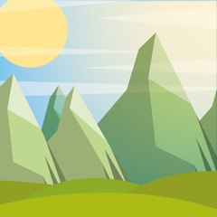 sunny day sunset green rocks mountain vector illustration