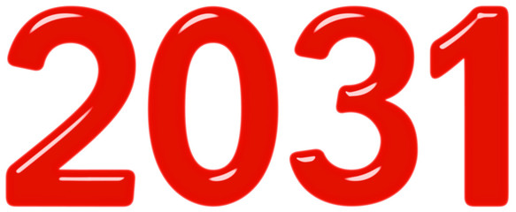 Inscription 2031 from red glass or plastic, isolated on white background, 3d render