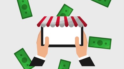hands holding tablet computer shopping bag online banknotes animation - Powered by Adobe