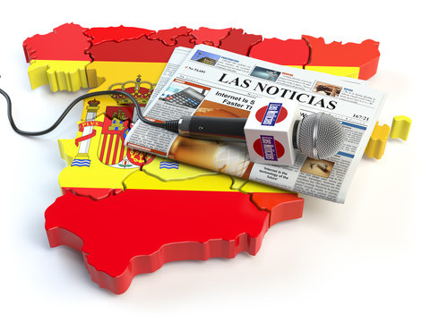 Spanish news, press and  journalism concept. Microphone and newspaper with headline "Las Noticias" (spanish for: news)on the map in colors of the flag of Spain.