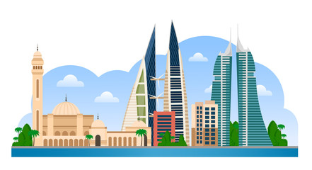 Bahrain. Manama skyline with colorful buildings and blue sky. Vector flat illustration for tourism presentation, banner, placard or web. Panoramic city view.