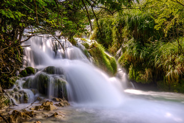 Fototapeta na wymiar Waterfalls in green forest. Plitvice Lakes National Park. Croatia