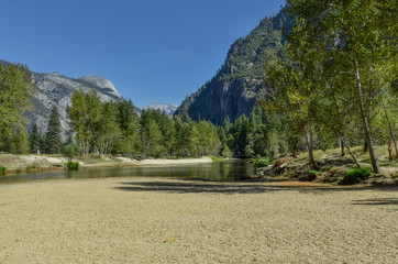 empty Sentinel beach at Merced river in Yosemite valley Yosemite National Park, California, USA
