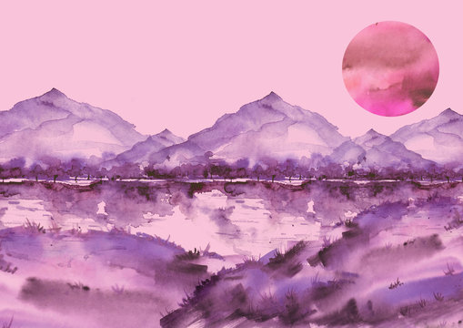 Watercolor Pink Mountain Landscape, , Peak, Forest Silhouette, Reflection In The River, Red Sunset Sun. Country Landscape, Watercolor Illustration, Picture.