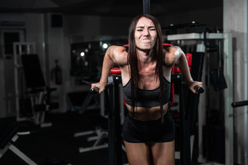 Fototapeta na wymiar Fitness woman doing push-ups on uneven bars in crossfit gym.