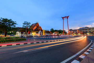 Moving blur light around the Giant swing landmark in the city / Sao Ching Cha