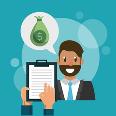 Businessman talking about money and hands holding clipboard vector illustration graphic design