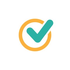 Check Mark. Valid Seal icon. blue rounded tick in orange circle. Flat OK sticker icon. Isolated on white.