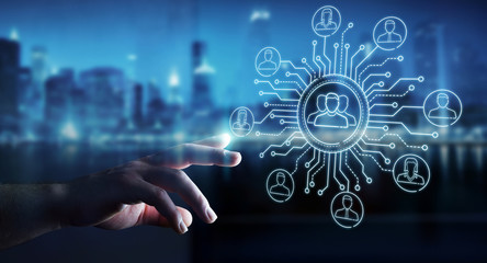 Businessman using thin line social network icons interface
