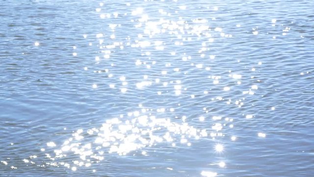 Beautiful blue sunny sparkling river water. Summer calm nature background. Real time 4k video footage.