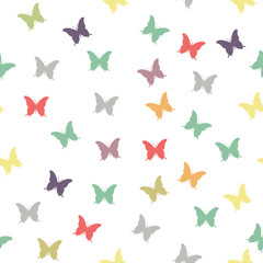 Fototapeta premium Spring Background with Colorful Butterflies. Simple Feminine Pattern for Card, Invitation, Print. Trendy Decoration with Beautiful Butterfly Silhouettes. Vector Background with Moth