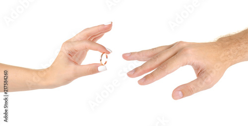 Wedding Rings Two Hands On A White Background Stock Photo And Wedding Rings Two Hands On A White Background