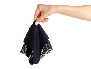 The black female panties in hand lace on white background isolation