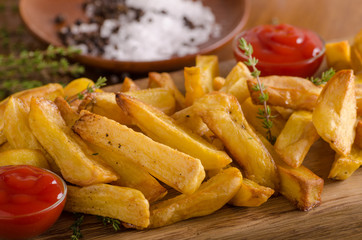 Homemade french fries with organic ketchup