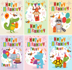 set of greeting cards Happy Birthday with funny animals - vector illustration, eps