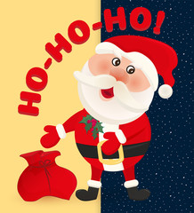 Santa claus on background of night sky with stars. Christmas holiday. Winter cartoon cute card with text of Ho-ho-ho , Merry christmas banner