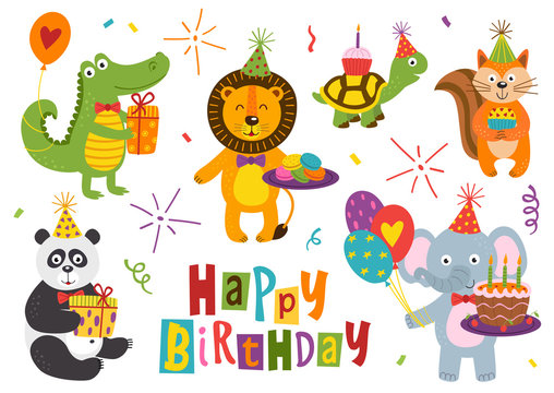 set of isolated funny animals for Happy Birthday design part 2 - vector illustration, eps