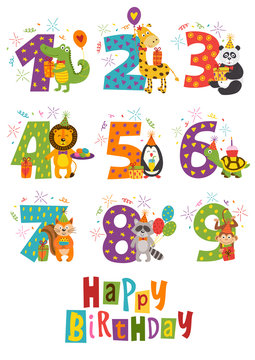 set of isolated Happy Birthday numbers with funny animals - vector illustration, eps