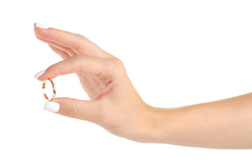 Engagement ring in hand on white background isolation