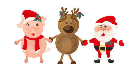 Santa claus and deer on white background. Christmas holiday. Winter cartoon cute card, Merry christmas banner