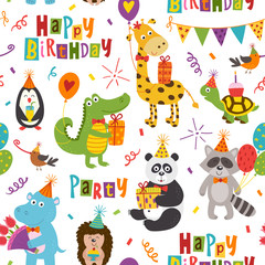 Naklejka premium seamless pattern with funny animals Happy Birthday on white background - vector illustration, eps