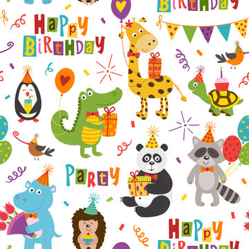 seamless pattern with funny animals Happy Birthday on white background - vector illustration, eps