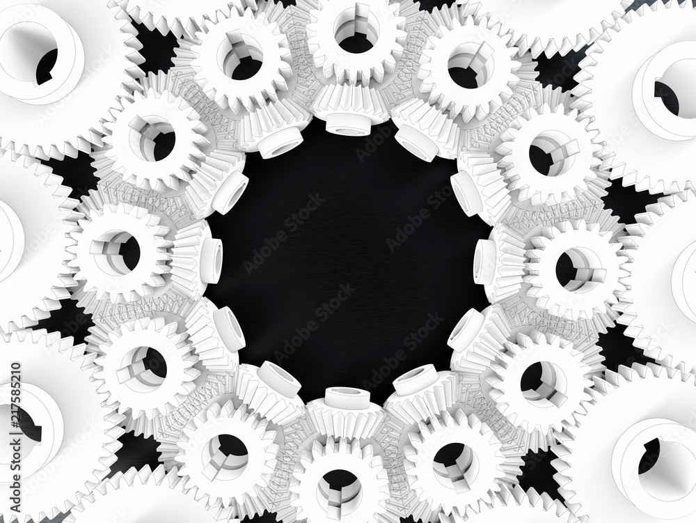 Aufkleber 3d render - empty outlined gear assembly with a blank middle frame