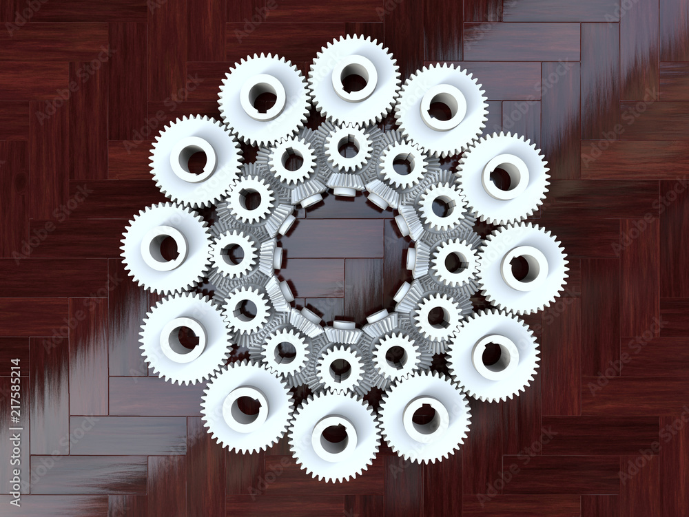 Aufkleber 3d render - top view of multiple gear assemblies