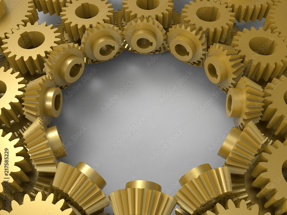 Poster 3d render - empty frame made from golden gears