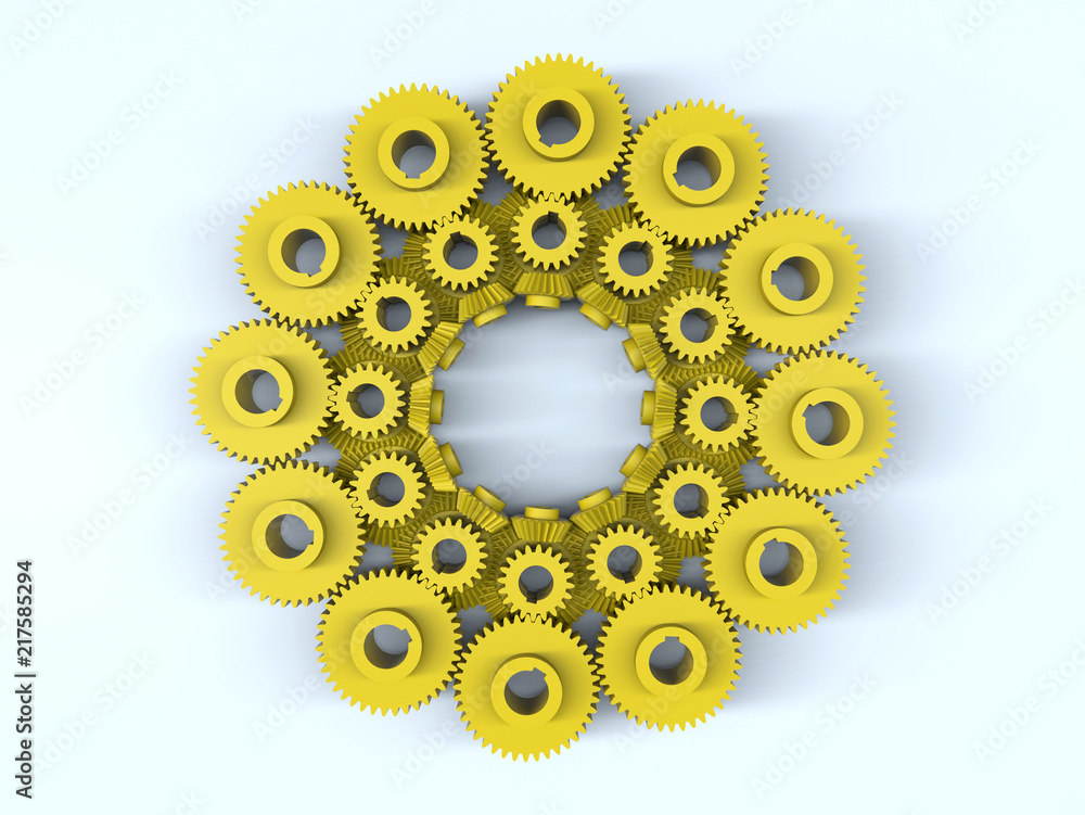 Poster 3d render - top view of multiple gear assemblies