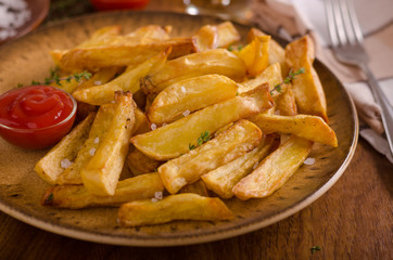 Homemade french fries with organic ketchup