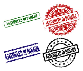 ASSEMBLED IN PANAMA seal prints with damaged texture. Black, green,red,blue vector rubber prints of ASSEMBLED IN PANAMA text with retro texture. Rubber seals with circle, rectangle, medal shapes.