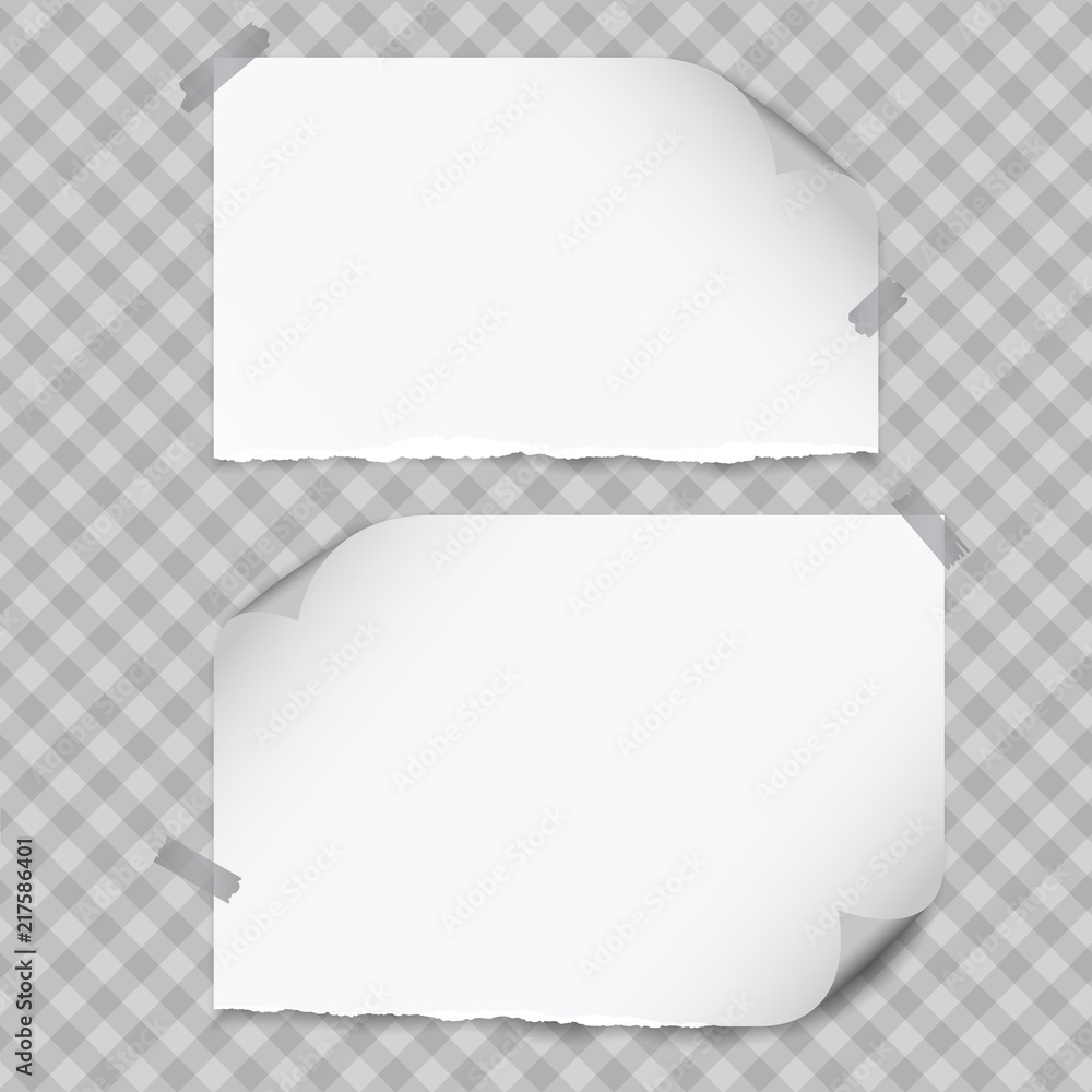 Poster set of white torn notebook paper with curled corners for text or advertising message on gray squared