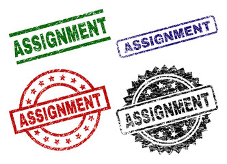 ASSIGNMENT seal prints with damaged surface. Black, green,red,blue vector rubber prints of ASSIGNMENT text with grunge surface. Rubber seals with circle, rectangle, medal shapes.