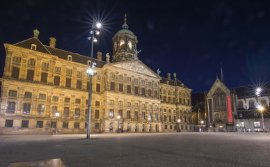 Fototapeta na wymiar Royal Palace on Dam square at night, Amsterdam, Netherlands