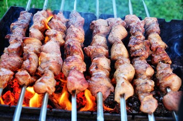 Close up shot of appetizing hot shish kebab on metal skewers prepares on the coals outdoors. Grilling shashlik on barbecue grill
