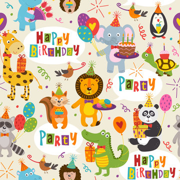 seamless pattern with funny animals Happy Birthday - vector illustration, eps