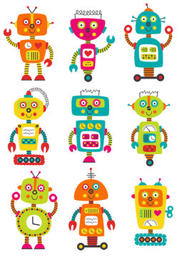 set of isolated colorful robots - vector illustration, eps