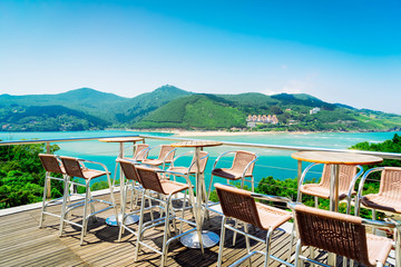 seaside cafe at Pais Vasco coast, Spain, retro toned