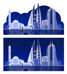 Manama. Beautiful night view. City landscape. Horizontal panoramic view. Vector flat illustration