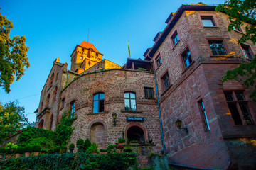 Obraz premium Castle Berwartstein near Dahn in Germany, Rhineland-Palatinate in the golden hour on a sunny day