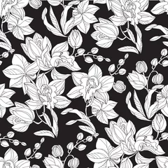 No drill light filtering roller blinds Orchidee Black and white orchid floral seamless pattern