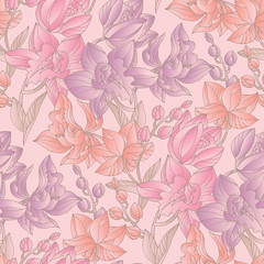 Tender pastel colors orchid floral seamless pattern