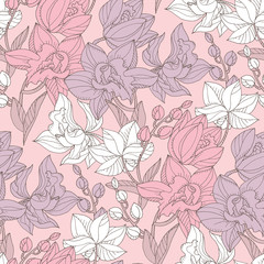Hand drawn realistic orchid floral seamless pattern