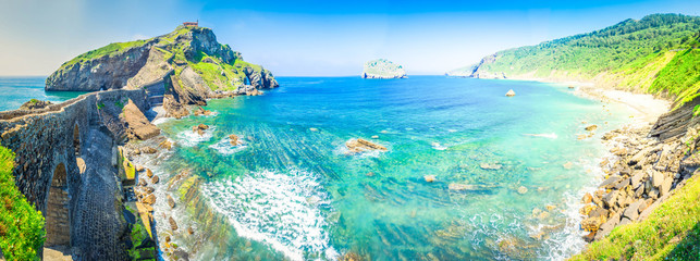 panorama of San Juan de Gaztelugatxe island and Pais Vasco coast, Spain, toned